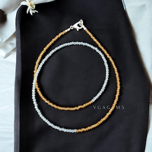 Natural Yellow Citrine Beaded Necklace, 2-2.5mm Citrine Faceted Round Beads Necklace, Citrine With Blue Apatite Beads Necklace, Gift For Her