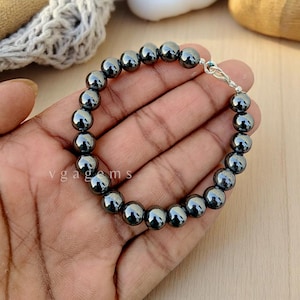 Silver Accent Hematite Bracelet, Matte Black Stone Beads, 8mm Hematite Stone Bracelet, Yoga Inspired Bracelet, Personalized Gemstone Jewelry