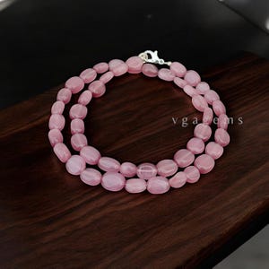 Genuine Pink Quartz Beaded Necklace, Pink Quartz Smooth Flat Oval Gemstone Necklace, Minimalist Jewelry Daily Wear Necklace, Gift Her
