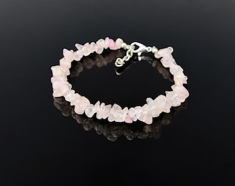 Bracciale con scaglie di quarzo rosa naturale, braccialetto con pietre preziose grezze di quarzo rosa da 3-4 mm, braccialetto in argento sterling, gioielli in cristallo Heling, regalo per lei