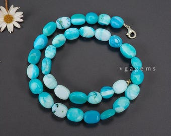 Genuine Blue Peruvian Opal Beaded Necklace, Candy Beads Jewelry, Smooth Gemstone Necklace, Anniversary Gift