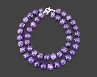 Genuine Charoite Necklace, 8mm Handmade Charoite Smooth Round Beaded Necklace, Spiritual Healing Necklace, Ready To Wear Beaded Necklace
