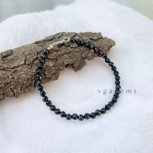Rare!! Black Spinel Beaded Bracelet, 4mm Black Spinel Faceted Round Beads Bracelet, Natural Black Spinel Tiny Beads Minimalist Jewelry Gift