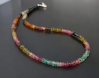 100% Natural Multi Tourmaline Beaded Necklace, 3-4mm Watermelon Tourmaline Necklace, Semi Precious Gemstone Beads Necklace, Gift for her
