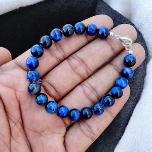 Blue Tiger Eye Beaded Bracelet: 8mm Round Gemstone, Handmade