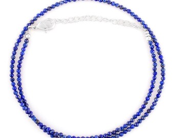 Lapis Lazuli Beaded Necklace: 2mm Micro Faceted, Minimalist Blue