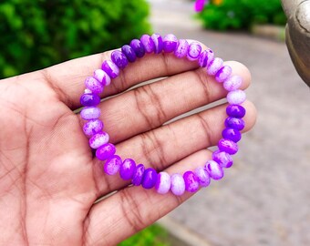 Candy Blue Opal Beaded Stretch Bracelet, 7-8mm Blue Opal Smooth Rondelle Beads Bracelet, Purple Opal Gemstone Stretch For Men and Women