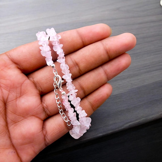 Rose Quartz Chip Necklace - Hands of Spirit Pink Quartz Chips long  Necklace display picture 1