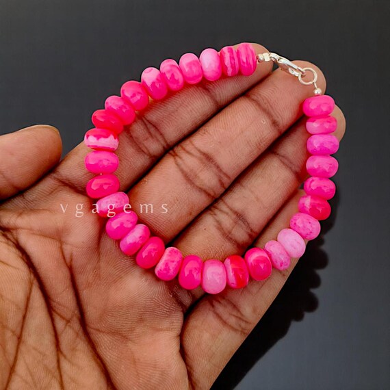 Genuine Pink Opal Beaded Bracelet, 8-9mm Smooth Rondelle Pink Opal