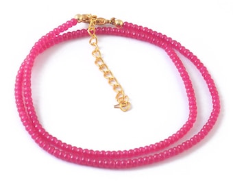 Natuurlijke roze robijn microgladde kralenketting, 3 mm roze robijnrode kralenketting, robijnrode steen minimalistische ketting