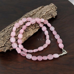Pink Quartz Beaded Necklace, Pink Quartz Smooth Flat Oval Gemstone Necklace, Crystal Healing Stone Necklace, Daily Wear Necklace, Gift Her