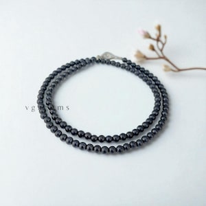 Black Onyx Beaded Necklace: 4mm Smooth Round Beads, 925 Silver Clasp