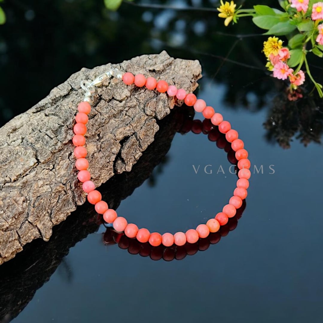 Genuine Pink Coral Beaded Bracelet, Pink Coral Smooth Round Beads