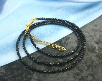 Black Spinel Beaded Necklace, Tiny Faceted Round Beads, Minimalist Jewelry