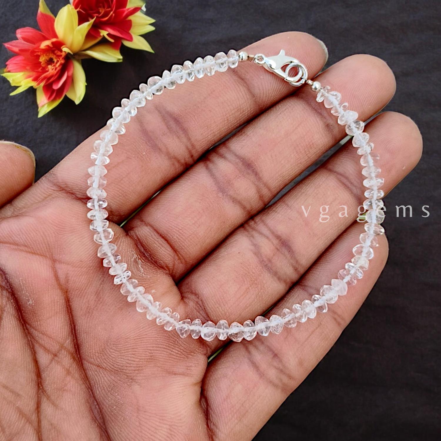 本物のホワイトクリスタルビーズブレスレット、4～5mmクリスタル