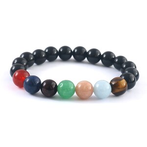 Seven Chakra Bracelet, Tiger Eye, Aquamarine, Black Onyx, 10mm Gemstone