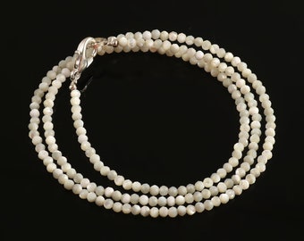 Mother of Pearl Beaded Necklace, 2mm Micro Faceted Round Beads Jewelry, Minimalist Necklace