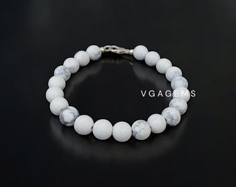 White Howlite Beaded Bracelet, 8mm Howlite Smooth Round Gemstone bracelet, White Healing Stone Beads, White Howlite Bracelet Birthday Gift.