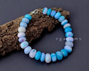 Natural Blue Opal Beaded Bracelet, 8-9mm Opal Beads, Peruvian Candy Jewelry Birthday Gift