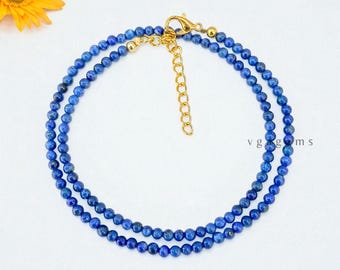 Gorgeous!! Lapis Lazuli Beaded Necklace, 3mm Blue Lapis Smooth Round Beaded Necklace, Blue Lapis Minimalist Jewelry Necklace, Birthday Gift