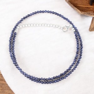 Genuine Blue Sapphire Necklace, 3MM Blue Sapphire Faceted Round Beads Necklace, Blue Sapphire High Quality sparkling jewelry, Gift For Her