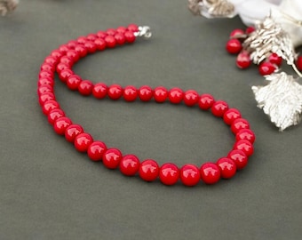 Genuine Red Coral Beaded Necklace, 8mm Red Coral Smooth Round Beads Necklace, Red Coral Smooth Gemstone Necklace, Yoga Bracelet Gift For Her