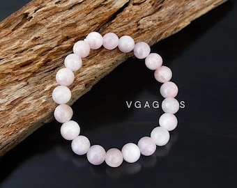 100% Natural Kunzite Beaded Bracelet, 8mm Kunzite Smooth Round Beads Bracelet, Pink Kunzite Adjustable Stretch Bracelet, Birthday Gift