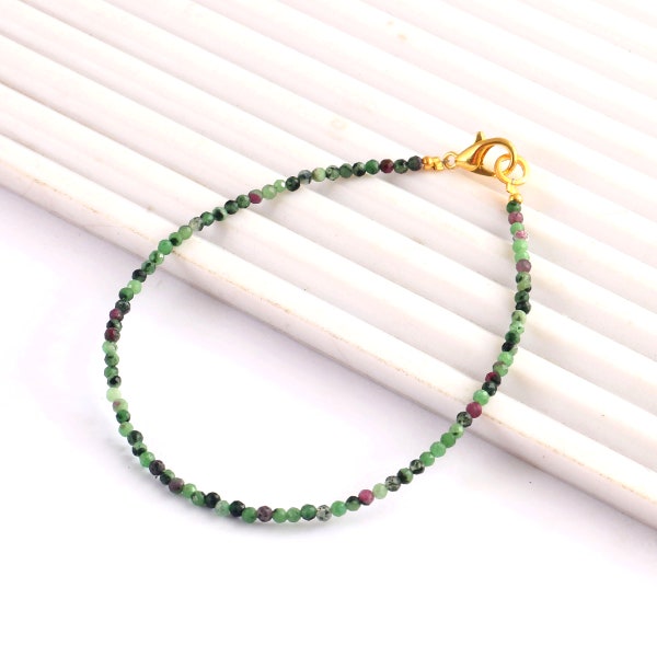 Pulsera facetada de zoisita de rubí natural, pulsera minimalista de zoisita de rubí de 3 mm, pulsera de micro cuentas verdes y rojas, mejor regalo de cumpleaños