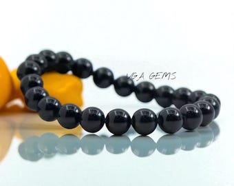 Natural Black Tourmaline Beaded Bracelet, 8mm Smooth Round Gemstone Beads Bracelet For Christmas Gift