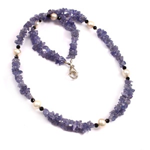 Natural Tanzanite  with Pearl Beaded Necklace Tanzanite With Black Spinel Necklace, Tanzanite Beaded Necklace Beautiful Woman&#39;s Gift