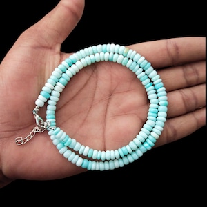Blue Peruvian Opal Smooth Rondelle Beads Necklace, 5-6.5mm Candy Gemstone Necklace, Blue Peruvian Opal Beaded Necklace