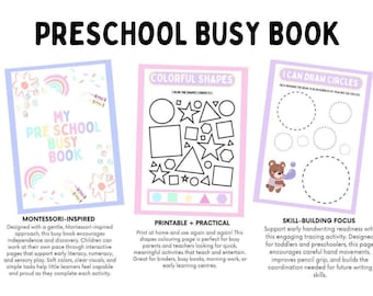 Op de afbeelding: Een voorschools druk boek met drie activiteitpagina's. De pagina's bevatten "My Preschool Busy Book", "Colorful Shapes" en "I Can Draw Circles". Het boek is ontworpen voor peuters en kleuters, met de nadruk op vroege geletterdheid, rekenen en zintuiglijk spel.