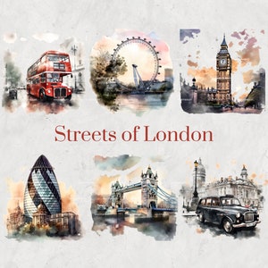 Streets of London Watercolor Clipart Set - Hand-Painted British Cityscape, London Landmarks, Digital Download, Printable Art, DIY Invitation