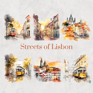 Straten van Lissabon aquarel clipart set-handgeschilderde Portugese landschap, digitale download, scrapbooking, DIY uitnodigingen, afdrukbare kunst