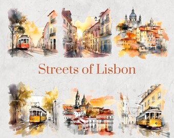 Streets of Lisbon Watercolor Clipart Set - Hand-painted Portuguese Landscape, Digital Download, Scrapbooking, DIY Invitations, Printable Art