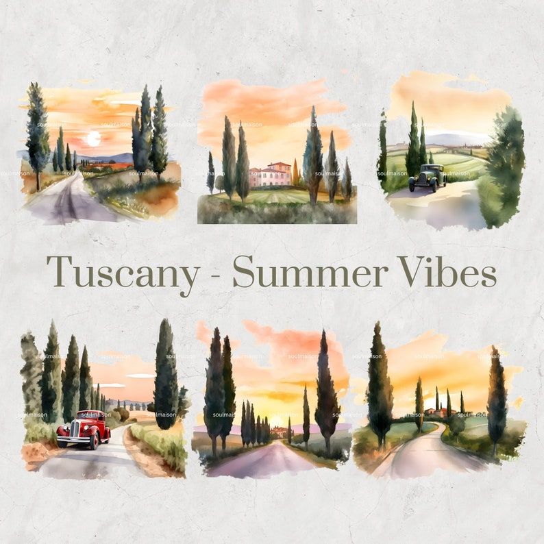 Op de afbeelding: Zes aquarellen die sc&egrave;nes uit Toscane, Itali&euml;, afbeelden. Elk schilderij toont een kronkelende weg, cipressen en een zonsondergangshemel. De schilderijen zijn getiteld "Tuscany - Summer Vibes".