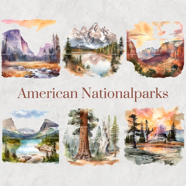 American National Parks Watercolor Clipart Set - Hand-Painted Scenic Landscapes, USA Parks, Digital, Scrapbooking, Printable, DIY Invitation