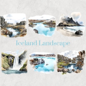 Set di clipart dell'acquerello di paesaggi islandesi - natura nordica dipinta a mano, paesaggio islandese, download digitale, arte stampabile, inviti fai da te