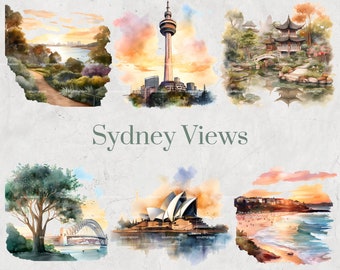 Sydney Views Acquerello Clipart Set - Paesaggi australiani dipinti a mano, Luoghi d'interesse di Sydney, Digitale, Scrapbooking, Stampabile, Invito fai da te
