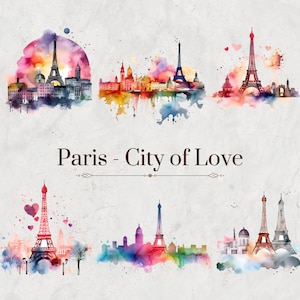 Paris Skyline Aquarelle Clipart Set - Paysages urbains peints à la main, Téléchargement numérique, Art instantané, Scrapbooking, Invitations DIY, Art imprimable