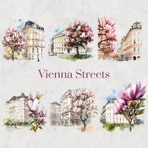 May include: Watercolour painting of Vienna streets with pink magnolia blossoms and buildings. The text "Vienna Streets" is written in the centre of the image.
