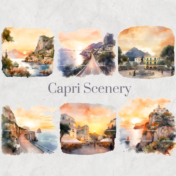 Capri Scenery Watercolor Clipart Set - Hand-painted Italian Island Scenes, Mediterranean Vibes, Digital Download, Printable, DIY Invitations