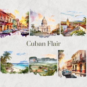 Cuba Acuarela Clipart Set - Escenas callejeras de La Habana pintadas a mano, Vibraciones caribeñas, Descarga digital, Scrapbooking, Imprimible, Invitaciones DIY