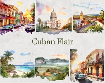 Cuba Watercolor Clipart Set - Hand-Painted Havana Street Scenes, Caribbean Vibes, Digital Download, Scrapbooking, Printable, DIY Invitations