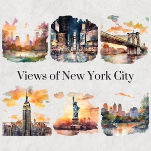 Viste di New York City Watercolor Clipart Set - Skyline di New York dipinto a mano, punti di riferimento iconici, digitale, Scrapbooking, stampabile, invito fai da te