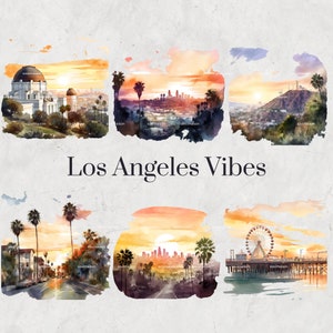 Los Angeles Vibes Watercolor Clipart Set - Escenas de LA pintadas a mano, California Dreaming, Digital, Scrapbooking, Arte imprimible, Invitación de bricolaje