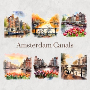 Amsterdam Canals Acuarela Clipart Set - Paisaje holandés, bicicletas y tulipanes, Descarga digital, Scrapbooking, Invitaciones de bricolaje, Arte imprimible