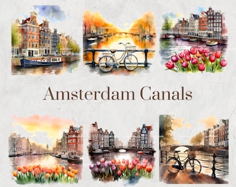 Amsterdam Canals Watercolor Clipart Set - Dutch Landscape, Bicycles & Tulips, Digital Download, Scrapbooking, DIY Invitations, Printable Art