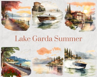 Lake Garda Summer Watercolor Clipart Set - Hand-Painted Italian Lakeside, Garda Scenery, Digital, Scrapbooking, Printable, DIY Invitations