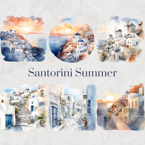Santorin été aquarelle Clipart ensemble - îles grecques peintes à la main, paysage méditerranéen, téléchargement numérique, Art imprimable, Invitation bricolage